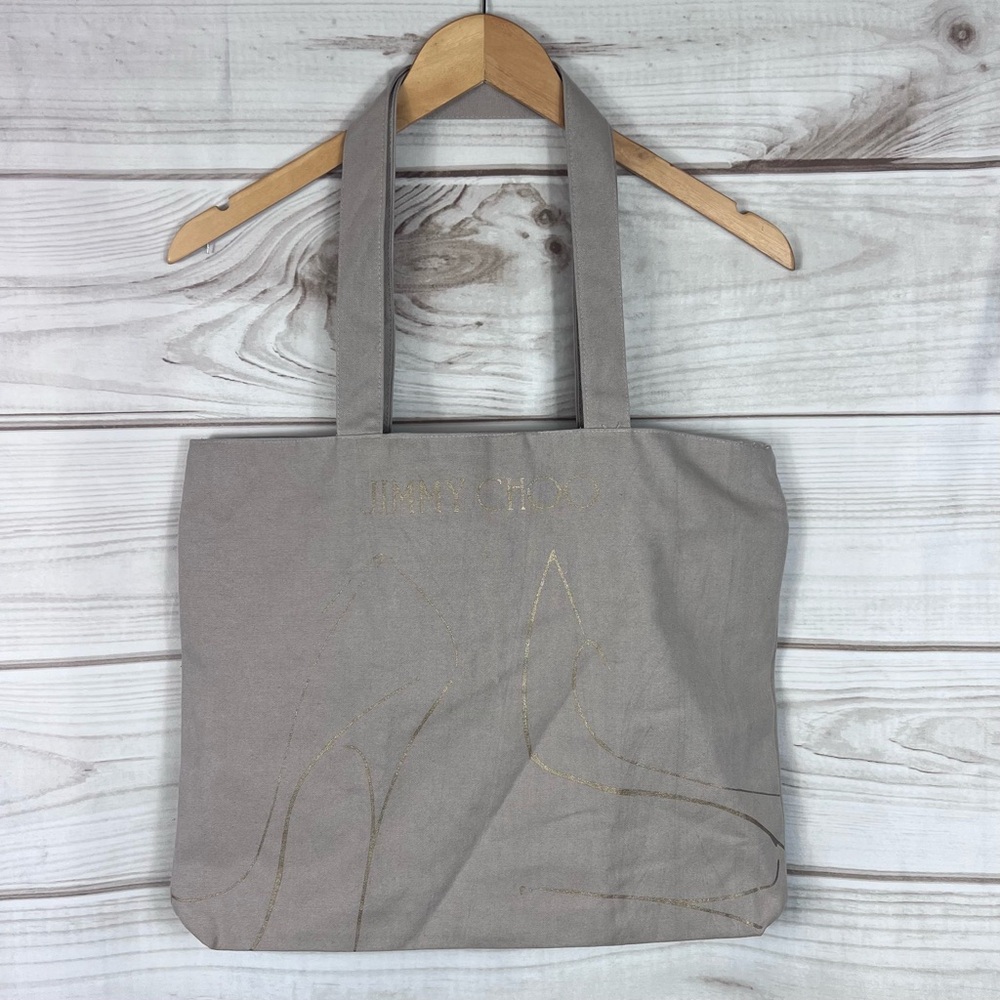 NEW Jimmy Choo Grey Gold Metallic Heel Graphic Print Zippered Tote Bag Purse